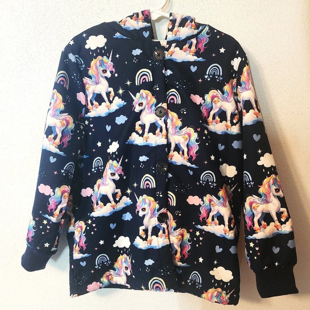 Unbranded Girl's 7Y Navy Unicorn Button Up Coat Hooded Fleece Lining EUC K/142